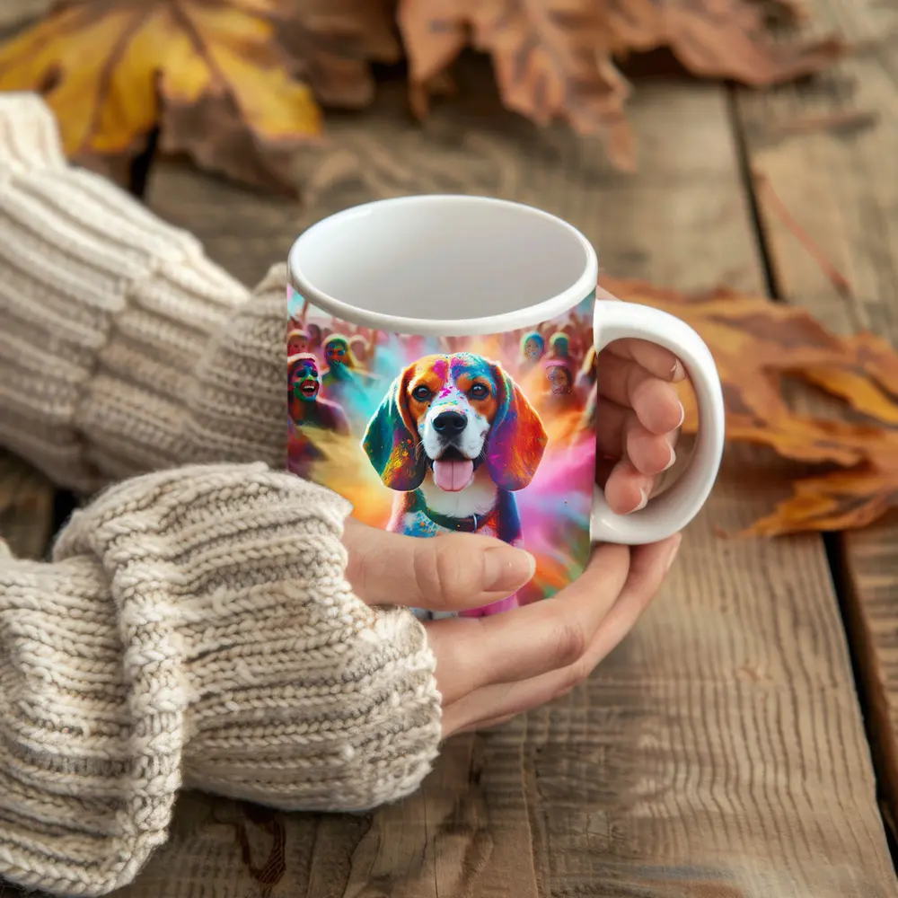 Beagle Dog Covered In Colorful Holi Powder – Mugs