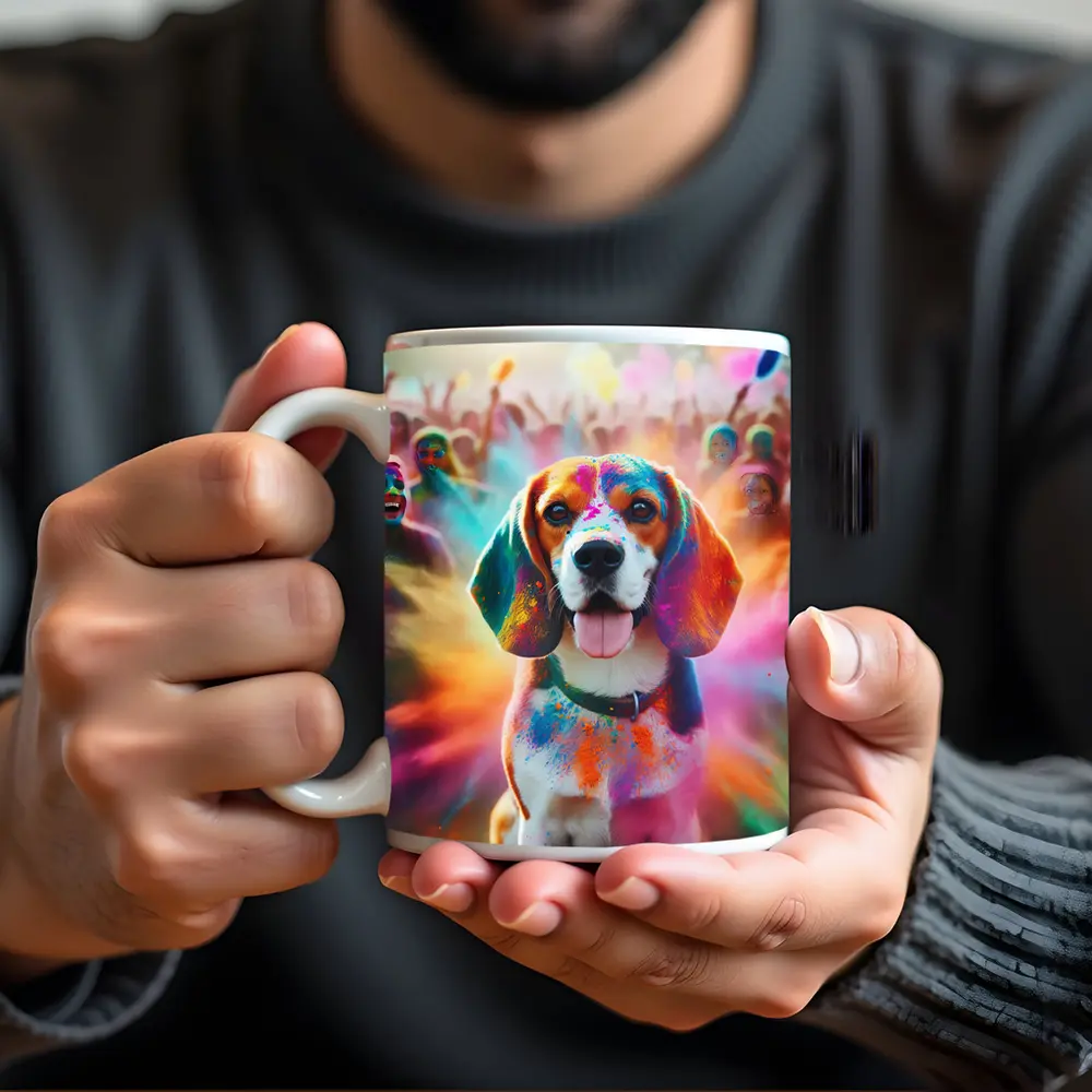 Beagle Dog Covered In Colorful Holi Powder – Mugs