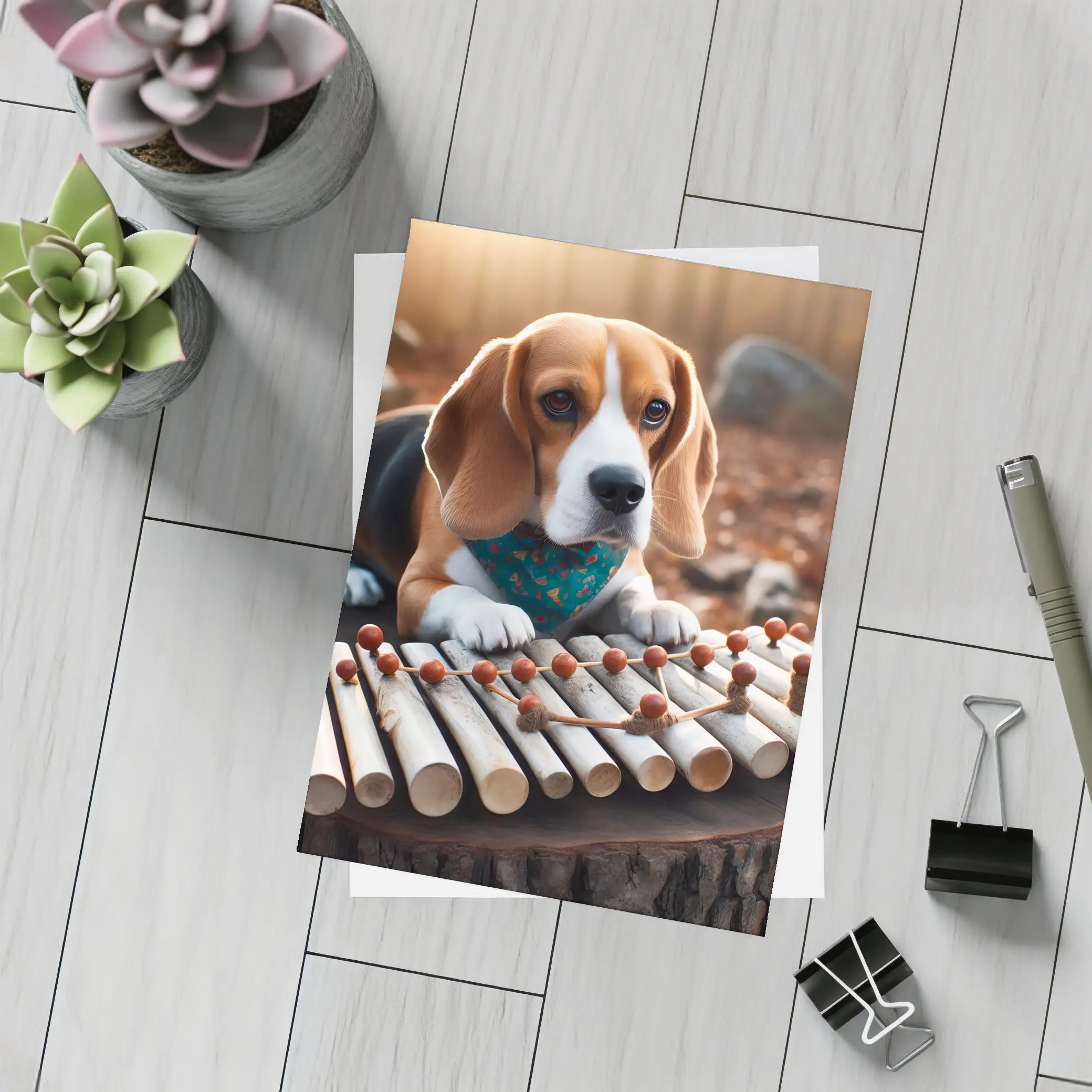 Beagle Puppy Playing Xylophone Autumn Forest – Postcards
