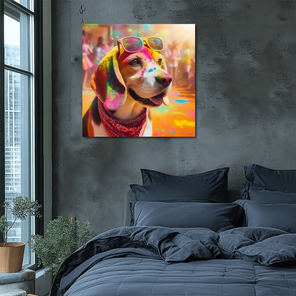 Beagle Dog Wearing Sunglasses Holi Festival – Wall Art