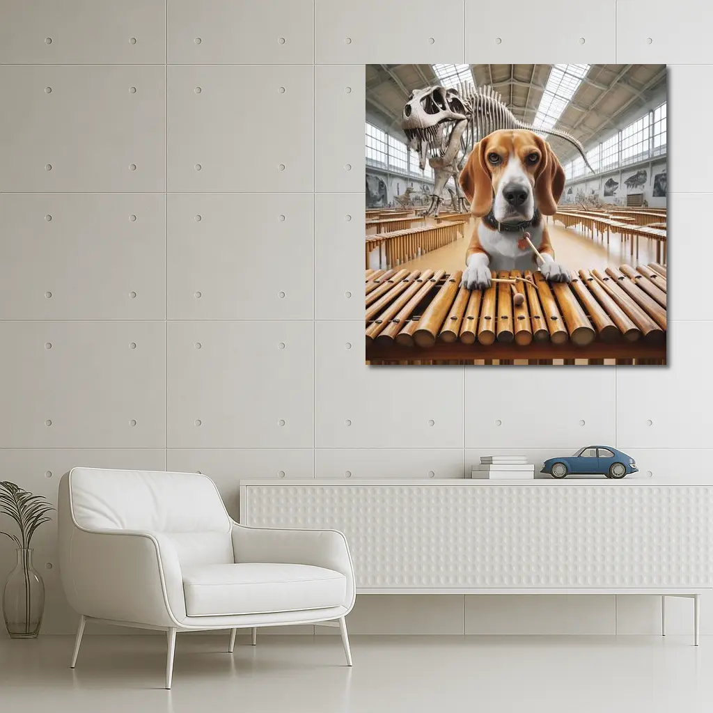 Beagle Playing Marimba in Dinosaur Museum – Wall Art