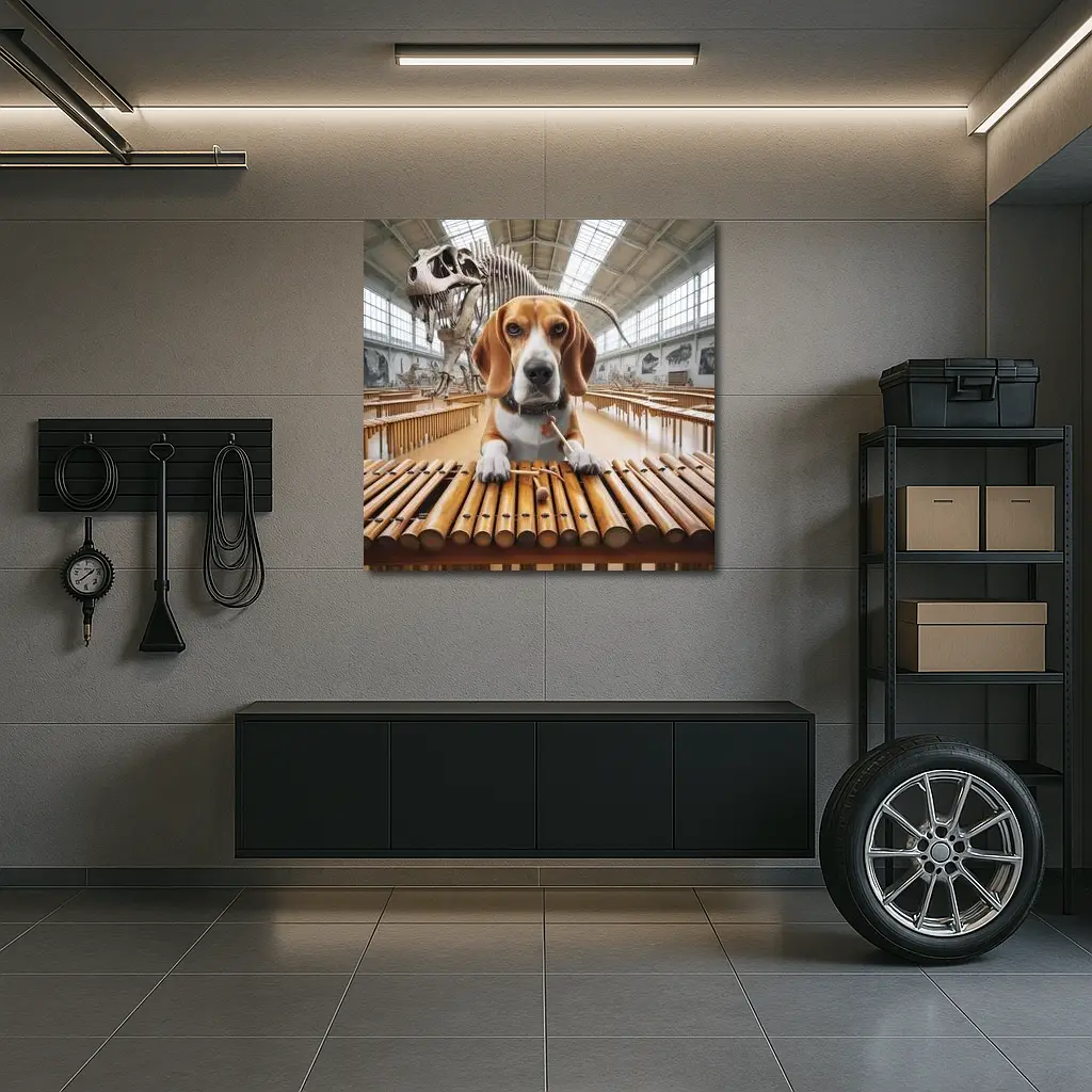 Beagle Playing Marimba in Dinosaur Museum – Wall Art