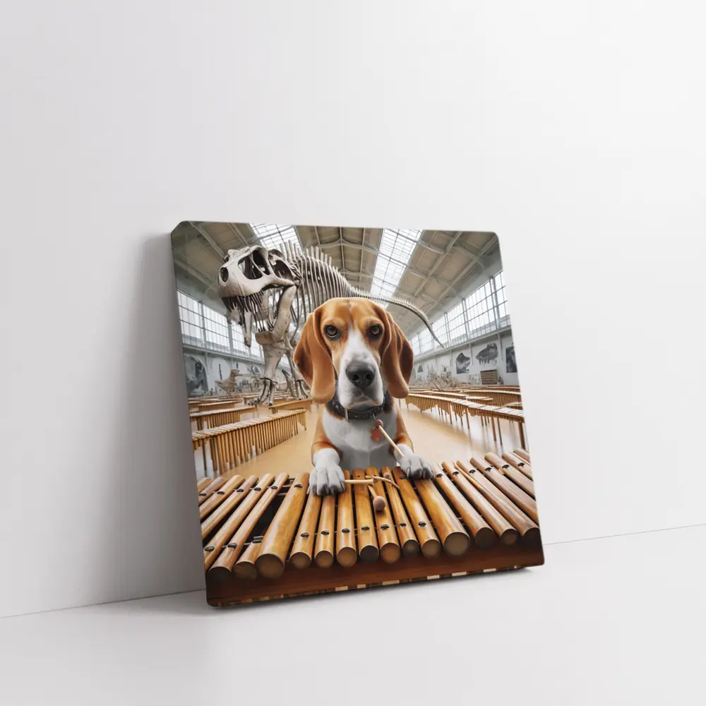 Beagle Playing Marimba in Dinosaur Museum – Wall Art