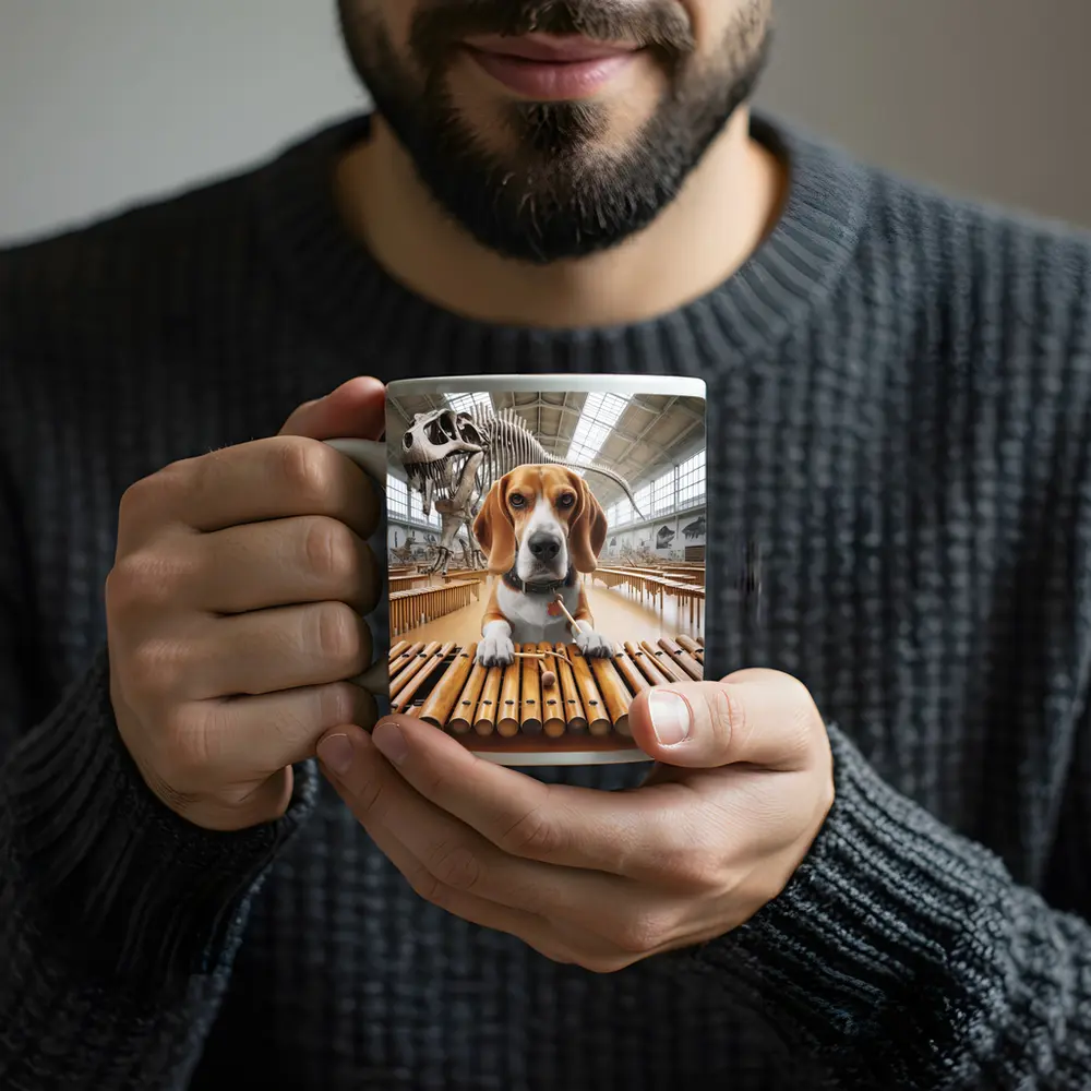 Beagle Playing Marimba in Dinosaur Museum – Mugs