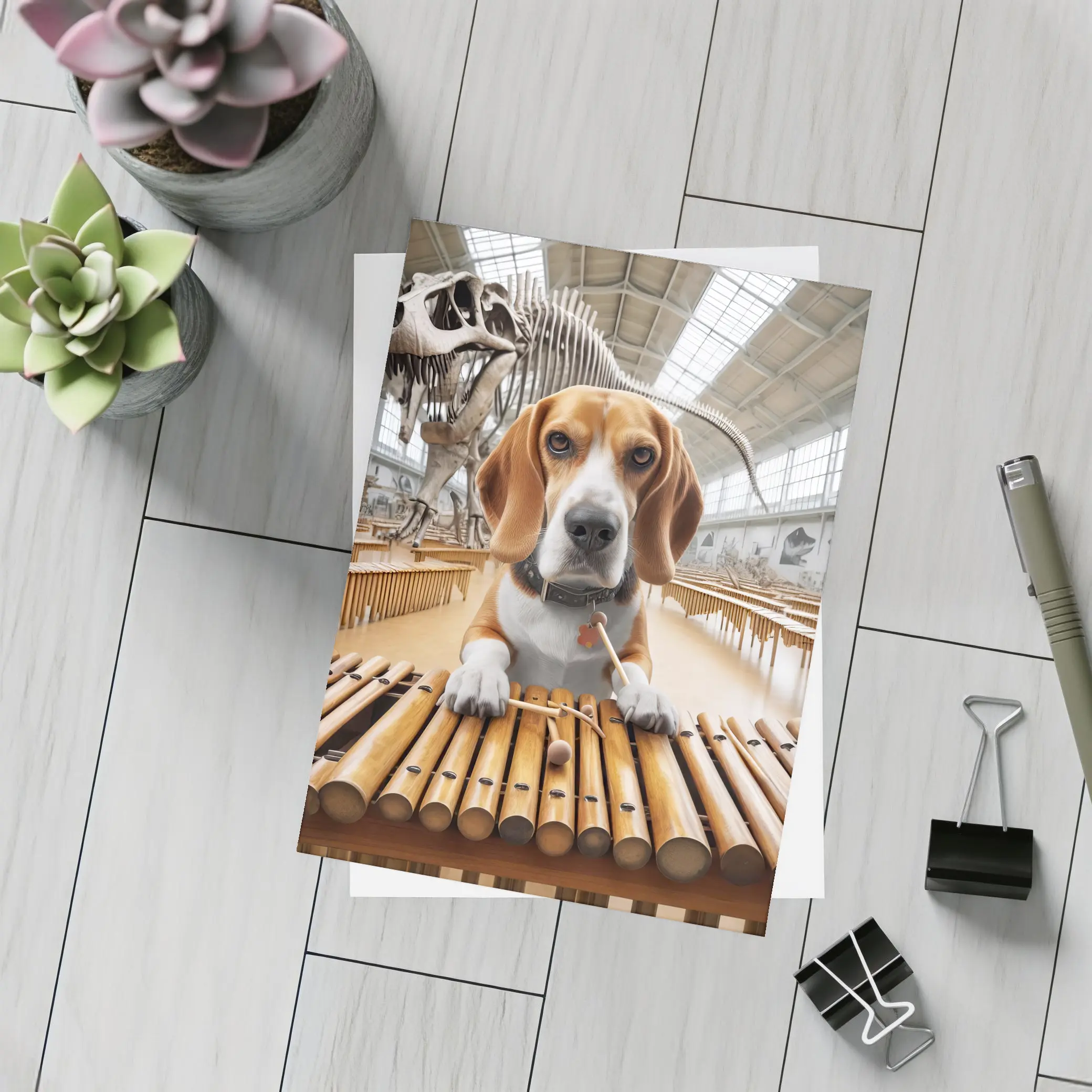 Beagle Playing Marimba in Dinosaur Museum – Postcards