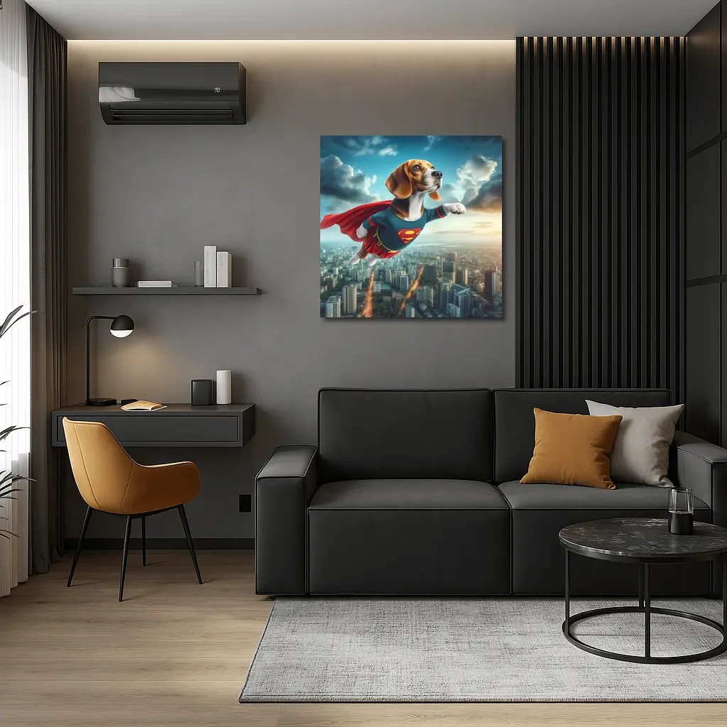 Beagle Superhero Flying Over City Skyline – Wall Art