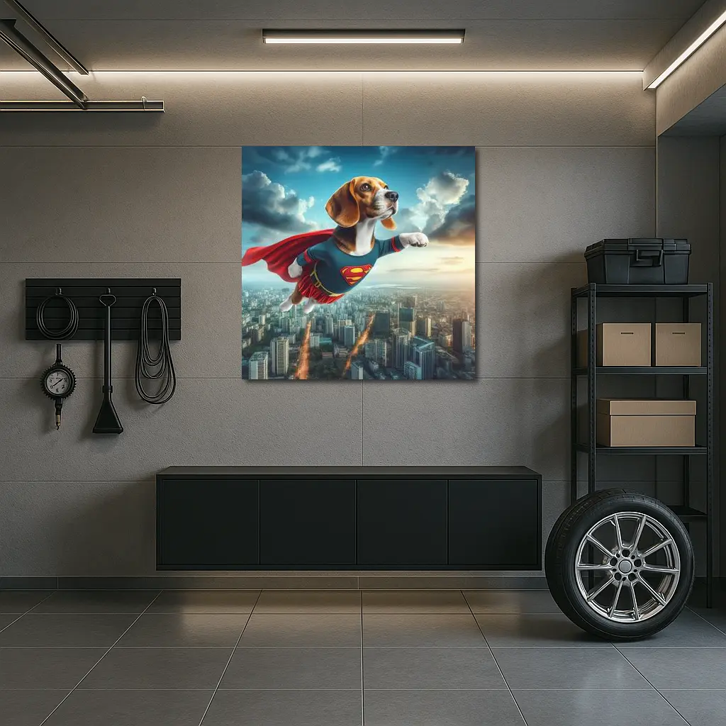 Beagle Superhero Flying Over City Skyline – Wall Art