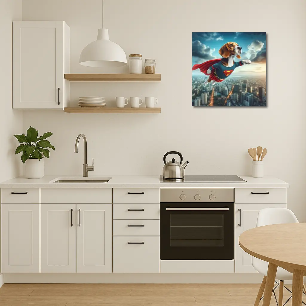 Beagle Superhero Flying Over City Skyline – Wall Art