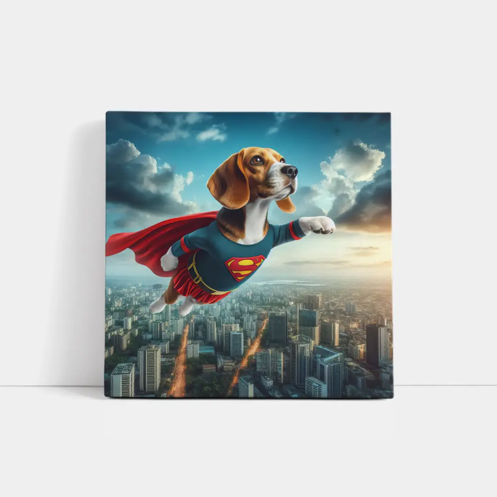 Beagle Superhero Flying Over City Skyline – Wall Art