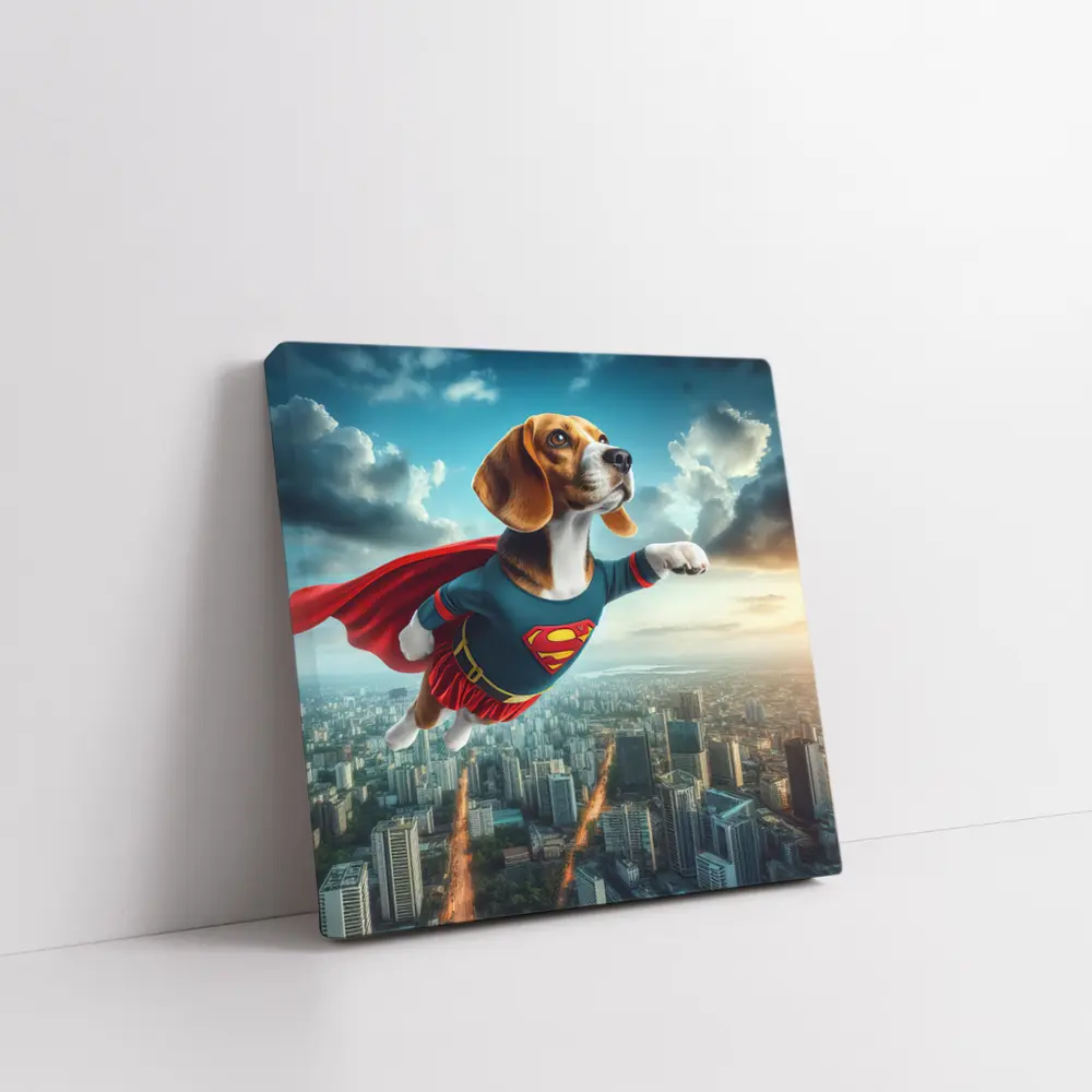 Beagle Superhero Flying Over City Skyline – Wall Art