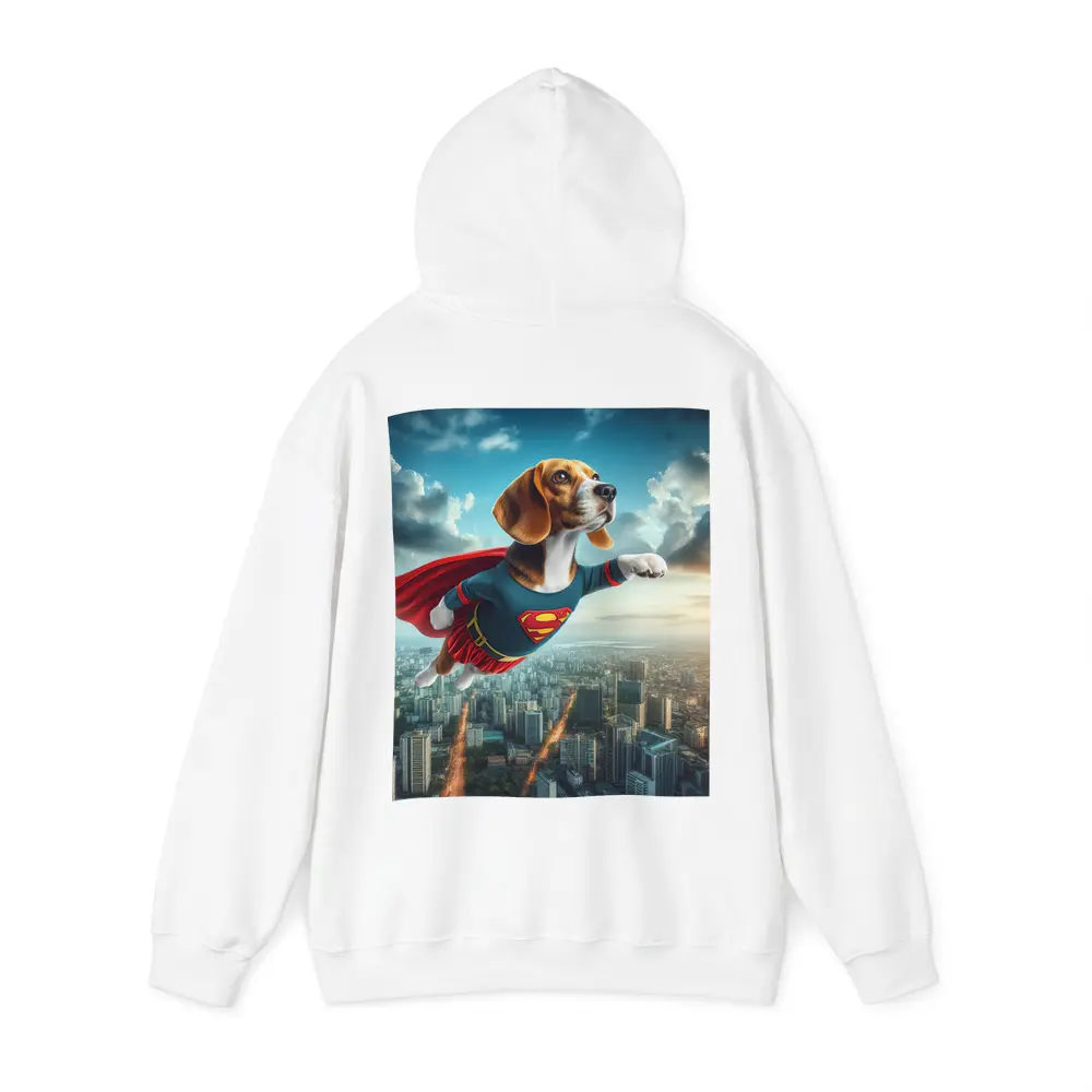 Beagle Superhero Flying Over City Skyline – Hoodies