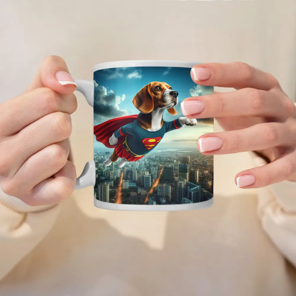 Beagle Superhero Flying Over City Skyline – Mugs
