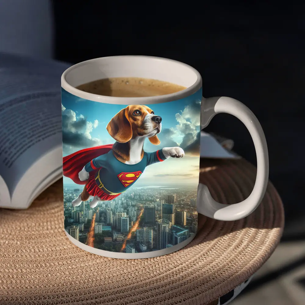 Beagle Superhero Flying Over City Skyline – Mugs