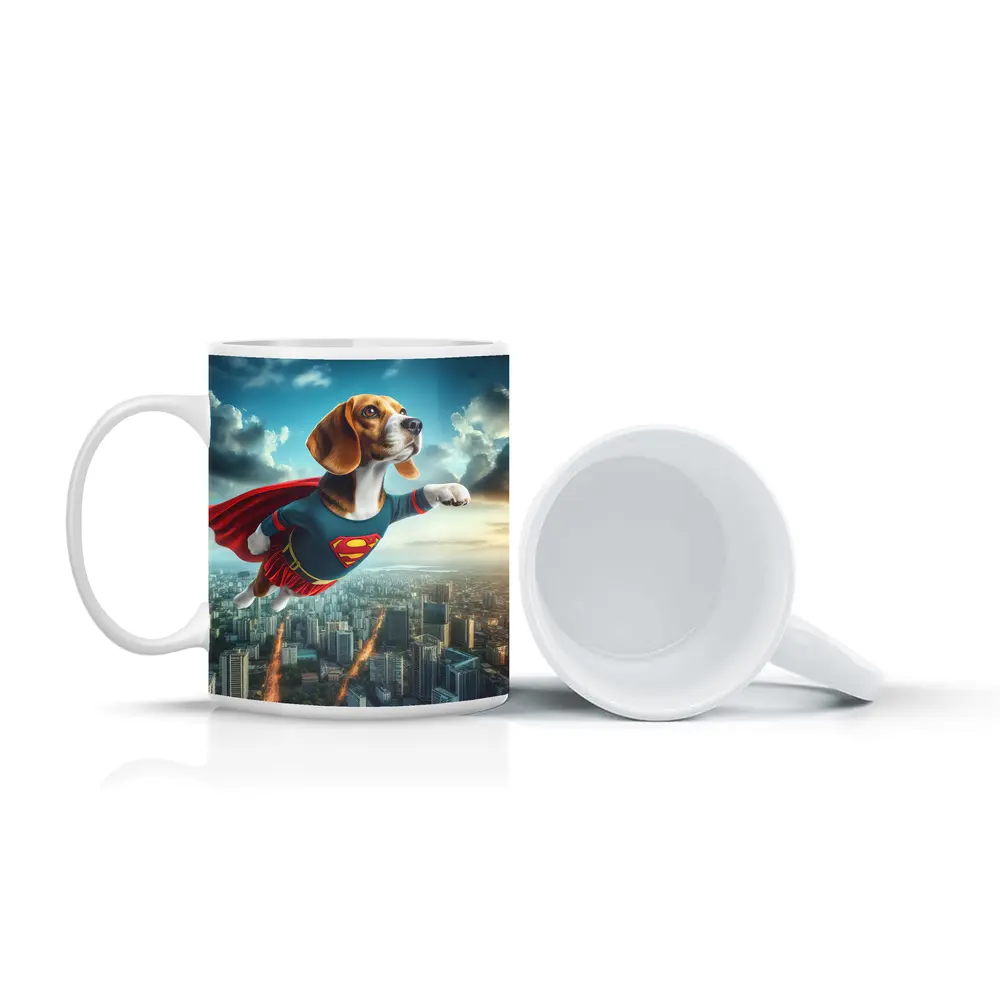 Beagle Superhero Flying Over City Skyline – Mugs