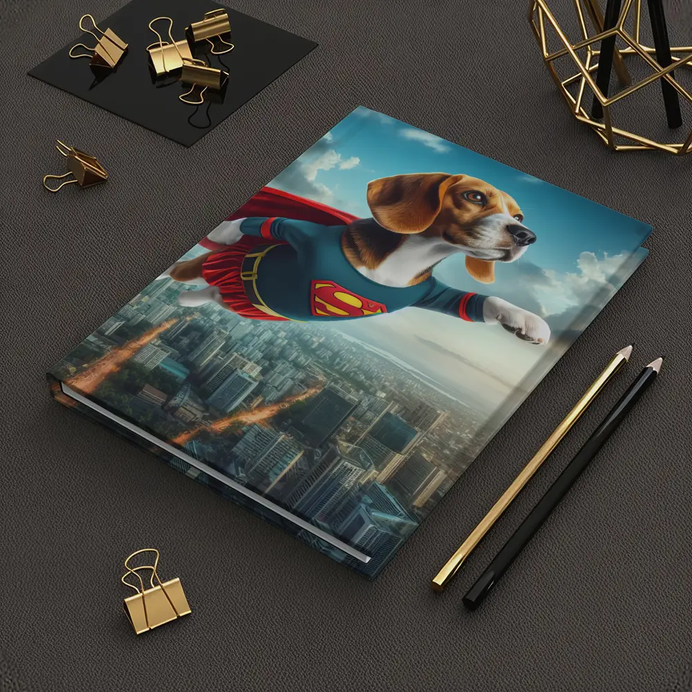 Beagle Superhero Flying Over City Skyline – Notebooks