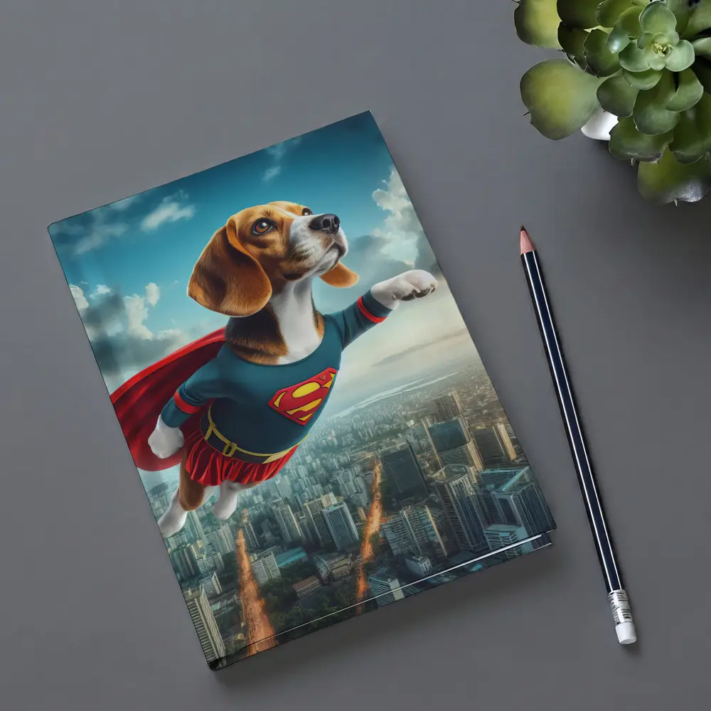 Beagle Superhero Flying Over City Skyline – Notebooks