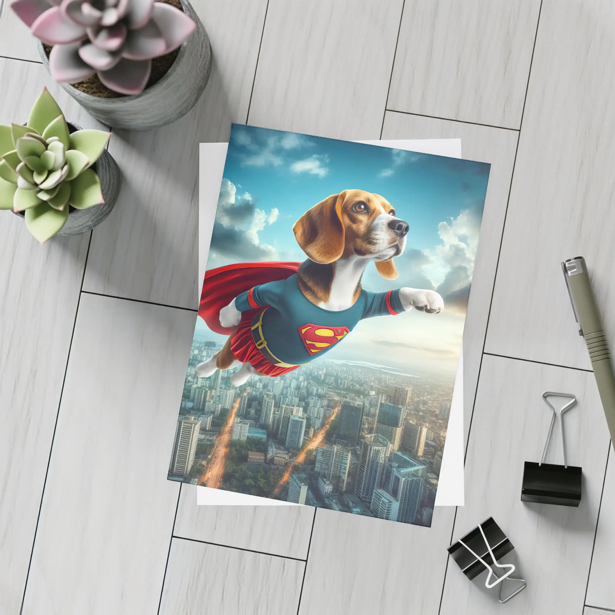 Beagle Superhero Flying Over City Skyline – Postcards