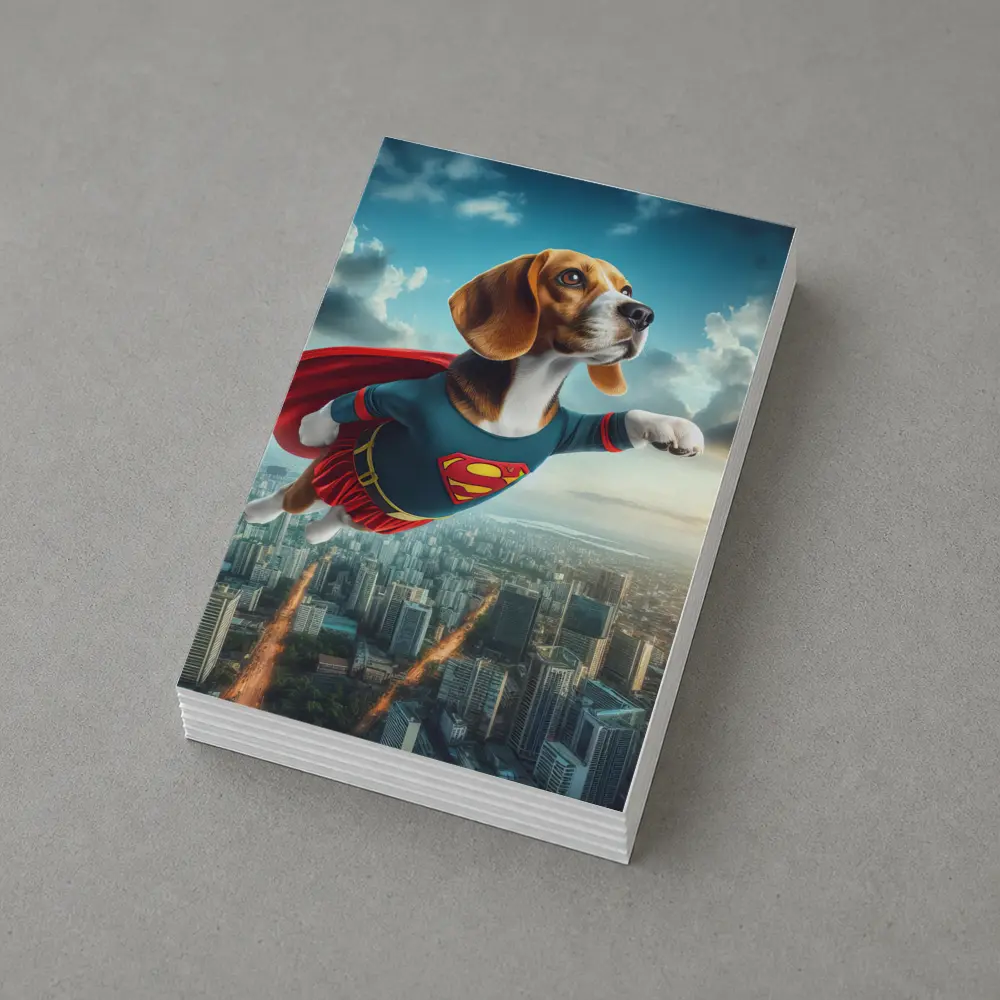 Beagle Superhero Flying Over City Skyline – Postcards