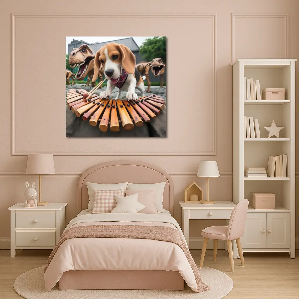 Beagle Puppy Playing Xylophone With Dinosaurs – Wall Art
