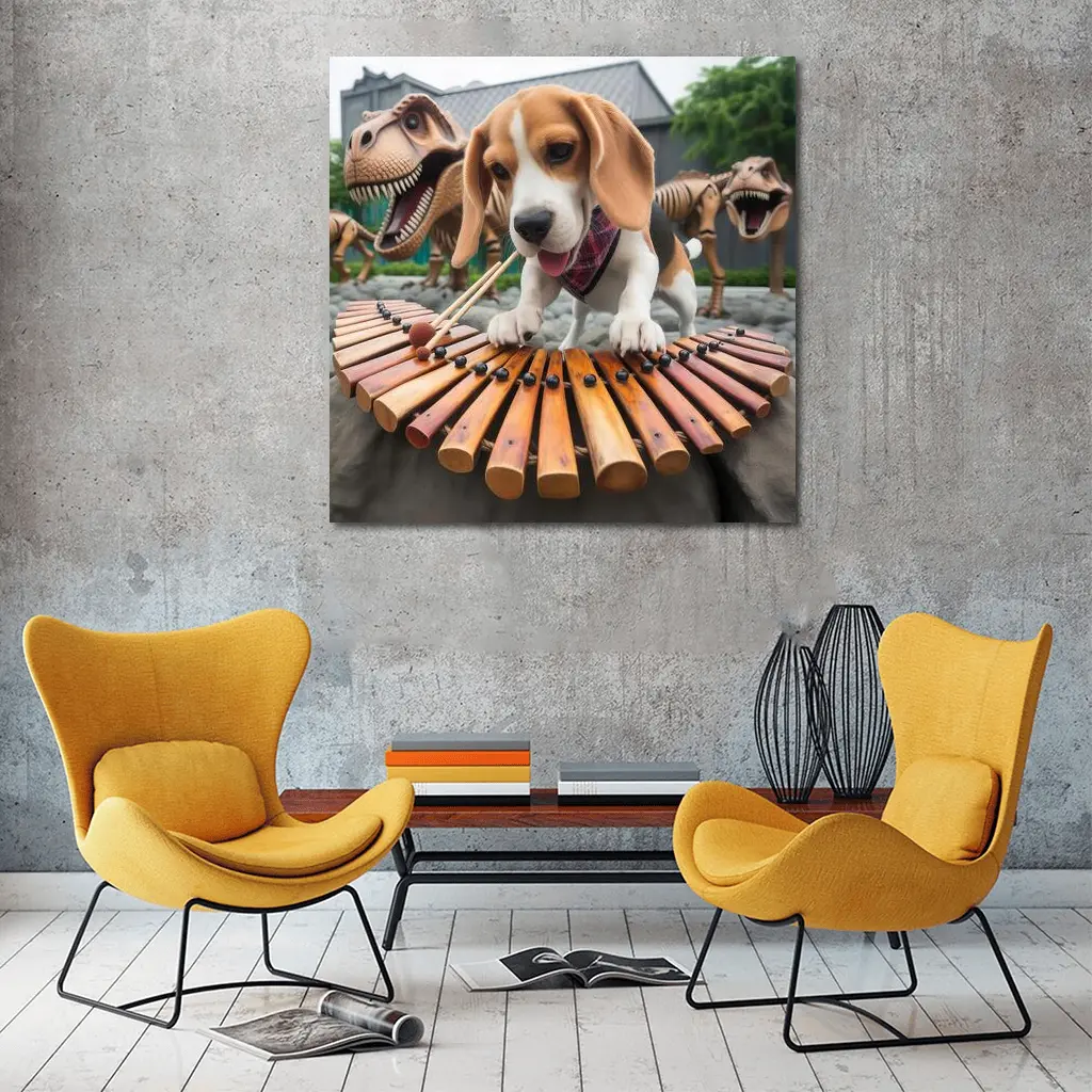Beagle Puppy Playing Xylophone With Dinosaurs – Wall Art