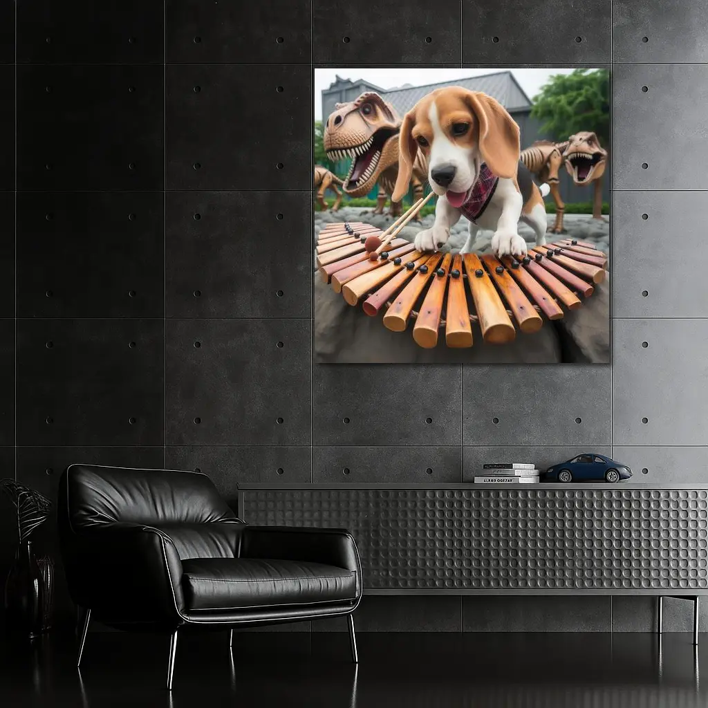 Beagle Puppy Playing Xylophone With Dinosaurs – Wall Art