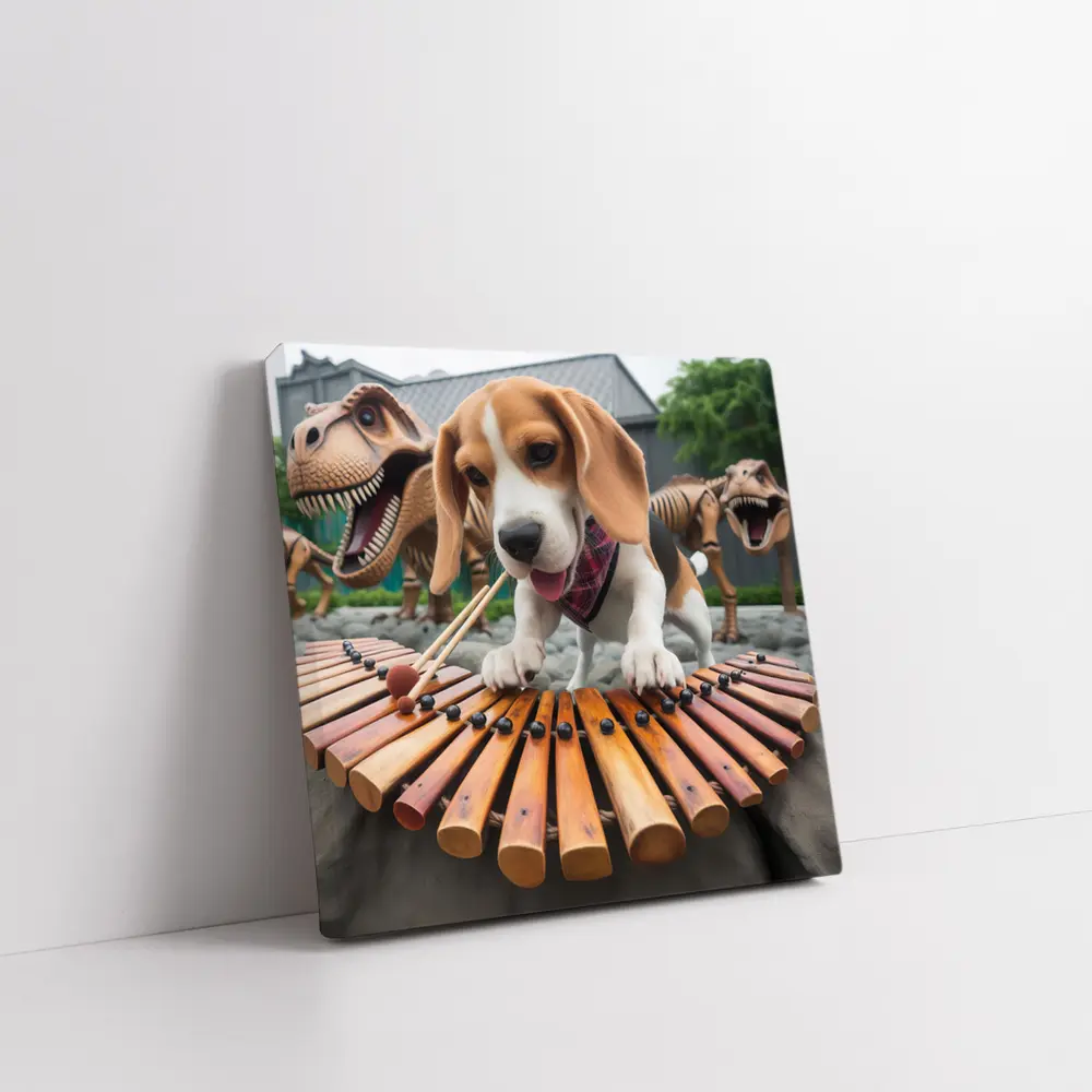 Beagle Puppy Playing Xylophone With Dinosaurs – Wall Art