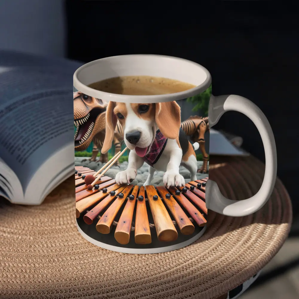 Beagle Puppy Playing Xylophone With Dinosaurs – Mugs