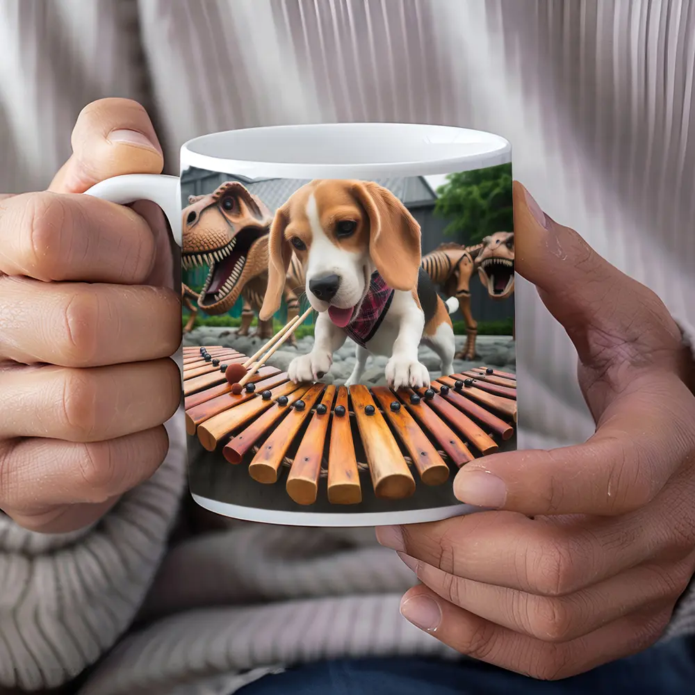 Beagle Puppy Playing Xylophone With Dinosaurs – Mugs