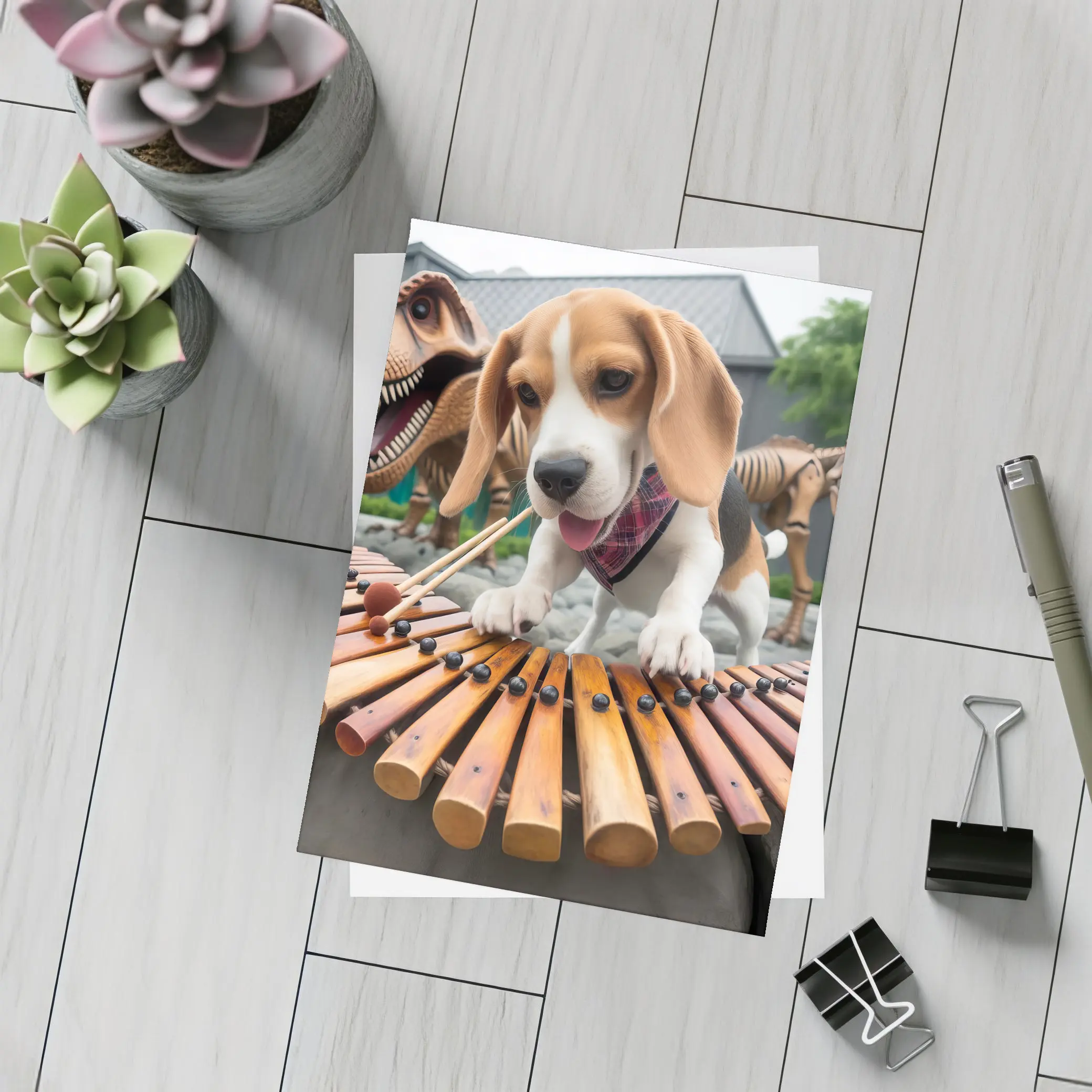Beagle Puppy Playing Xylophone With Dinosaurs – Postcards
