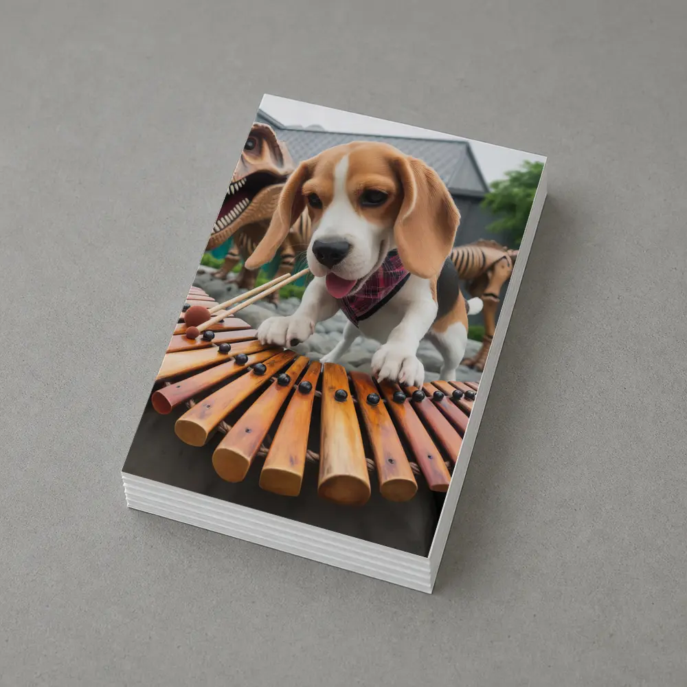 Beagle Puppy Playing Xylophone With Dinosaurs – Postcards