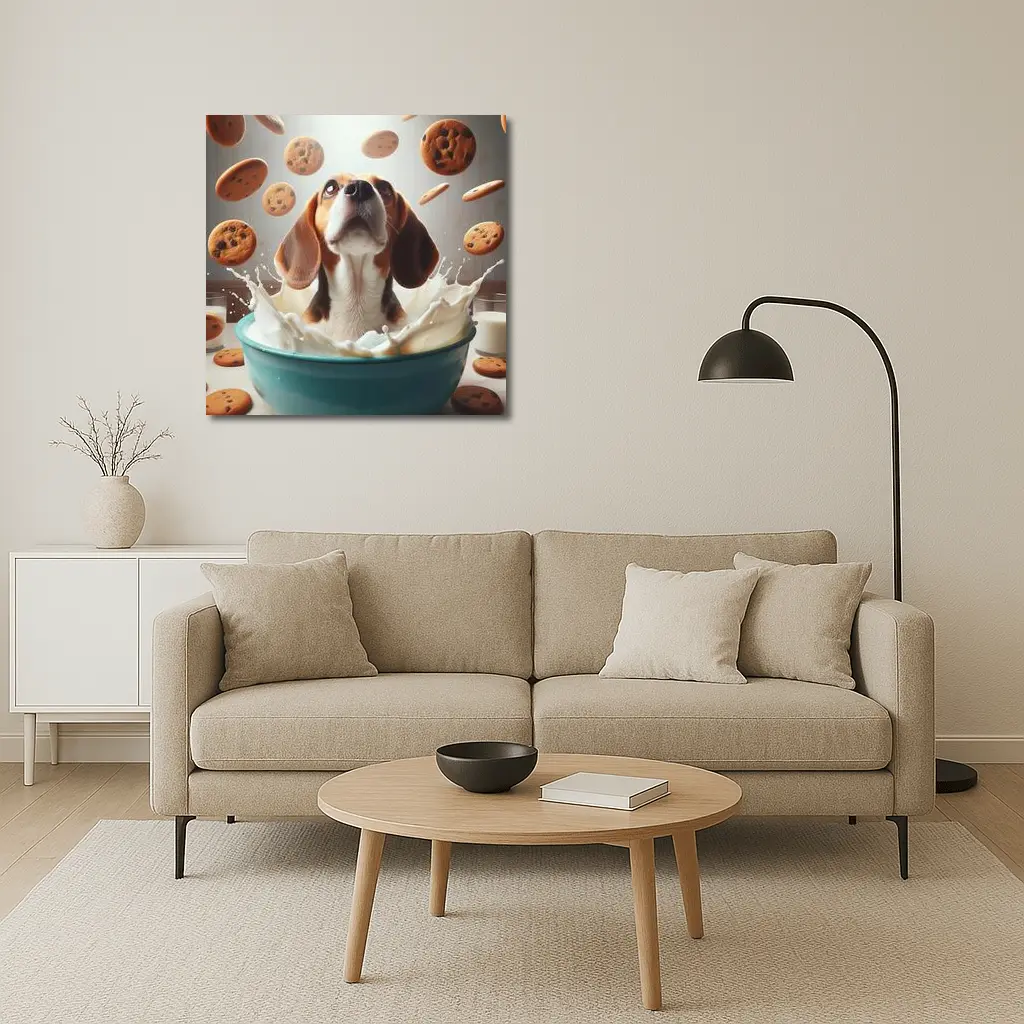 Beagle Bathing in Milk With Cookies – Wall Art