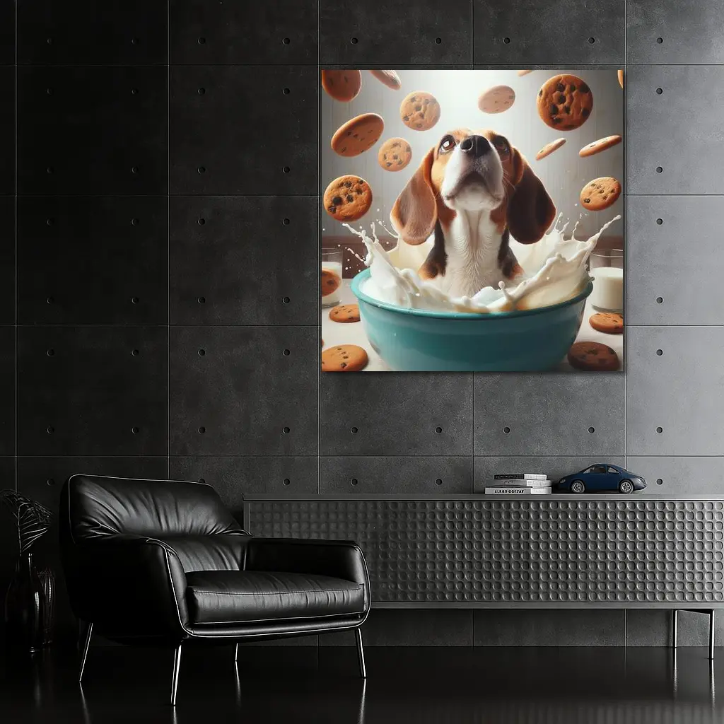 Beagle Bathing in Milk With Cookies – Wall Art