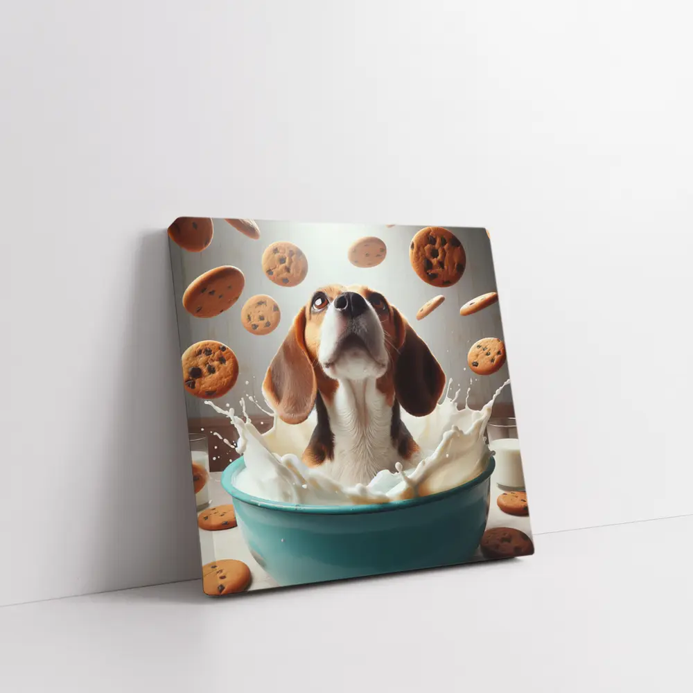 Beagle Bathing in Milk With Cookies – Wall Art