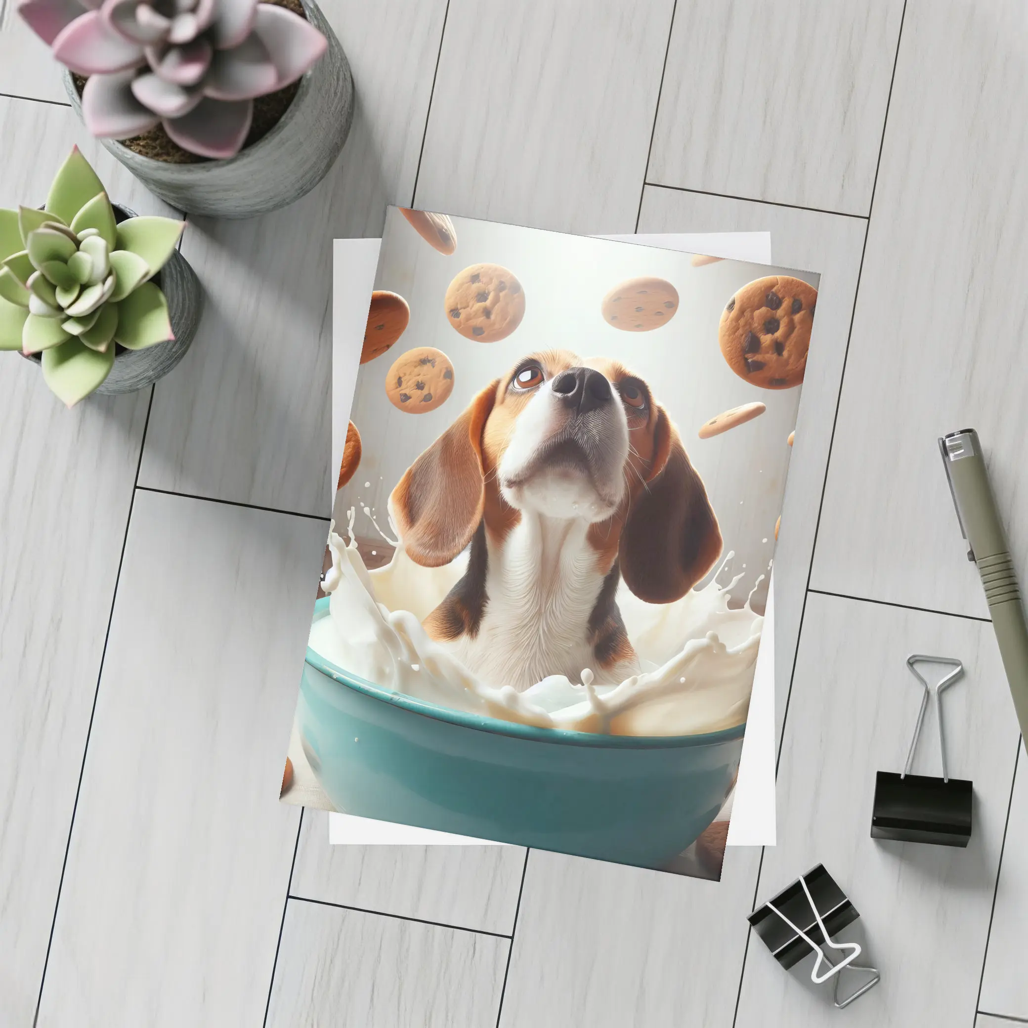 Beagle Bathing in Milk With Cookies – Postcards