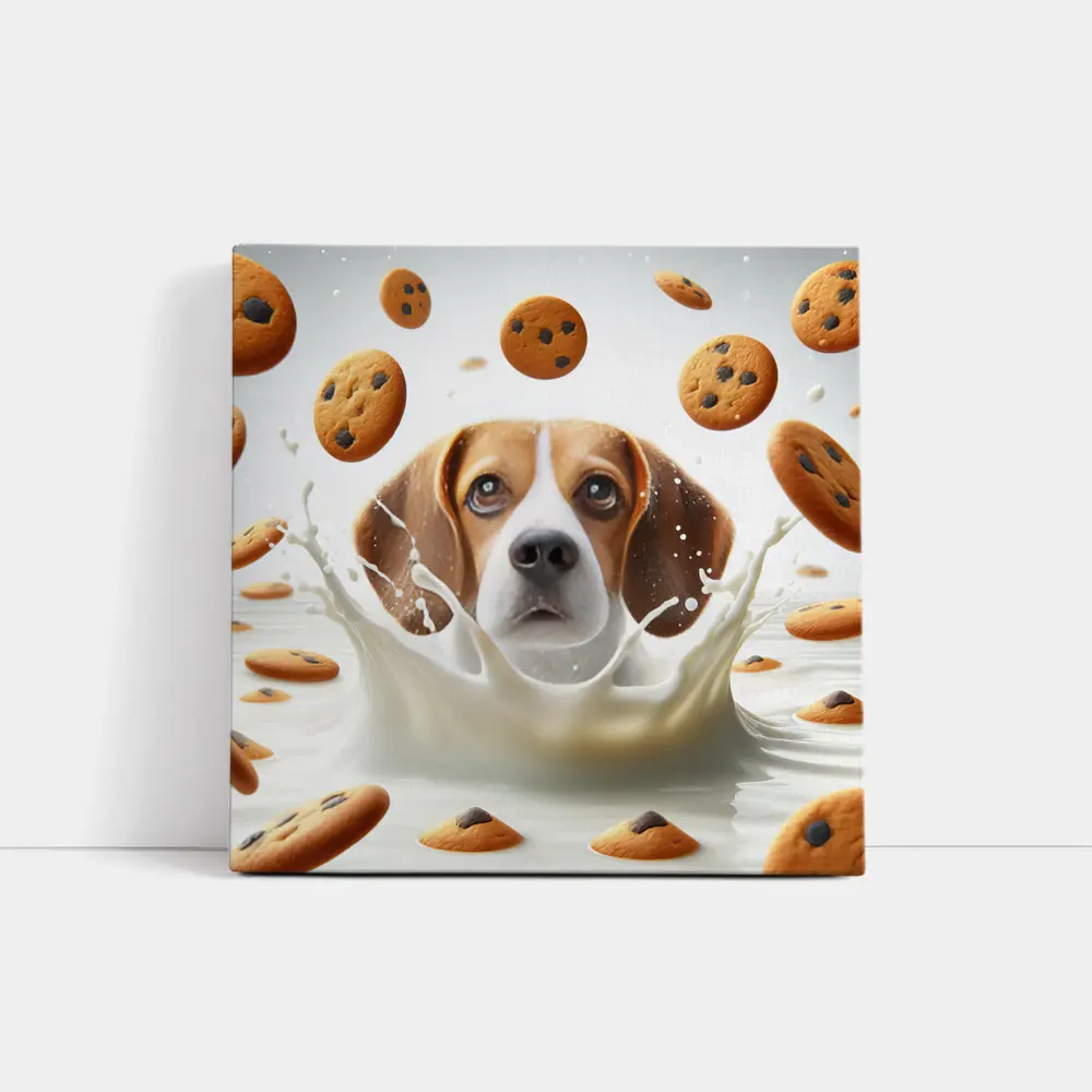Beagle Dog Splashing in Milk with Cookies – Wall Art