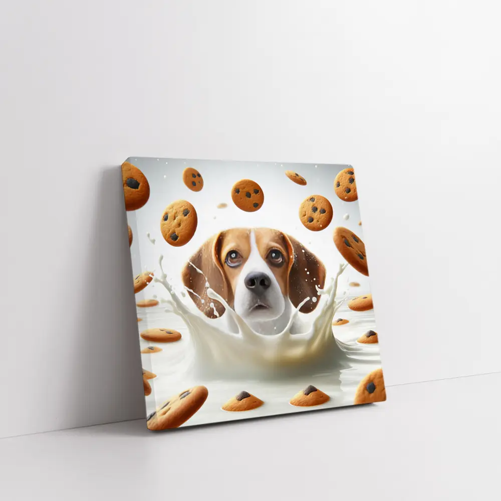 Beagle Dog Splashing in Milk with Cookies – Wall Art