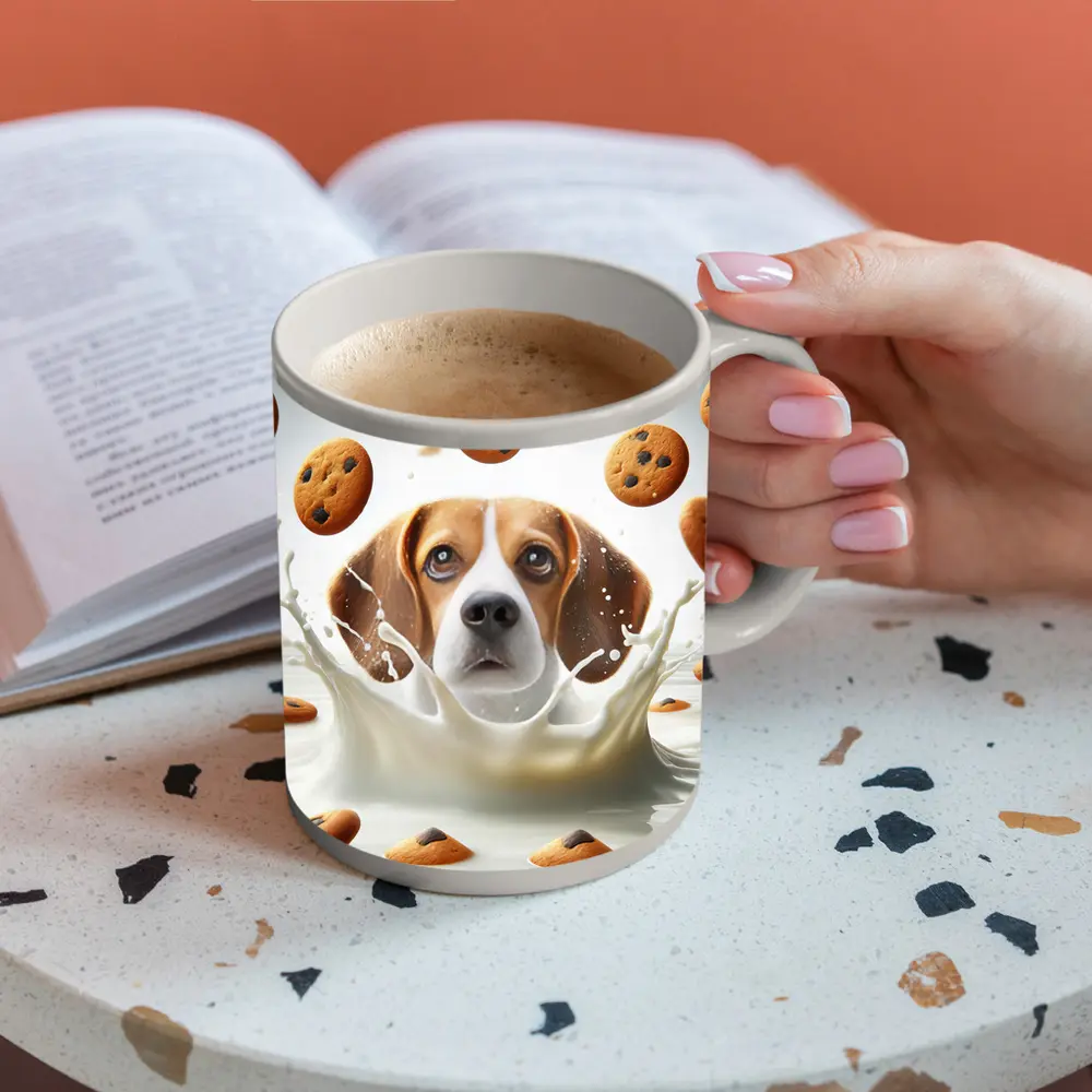 Beagle Dog Splashing in Milk with Cookies – Mugs