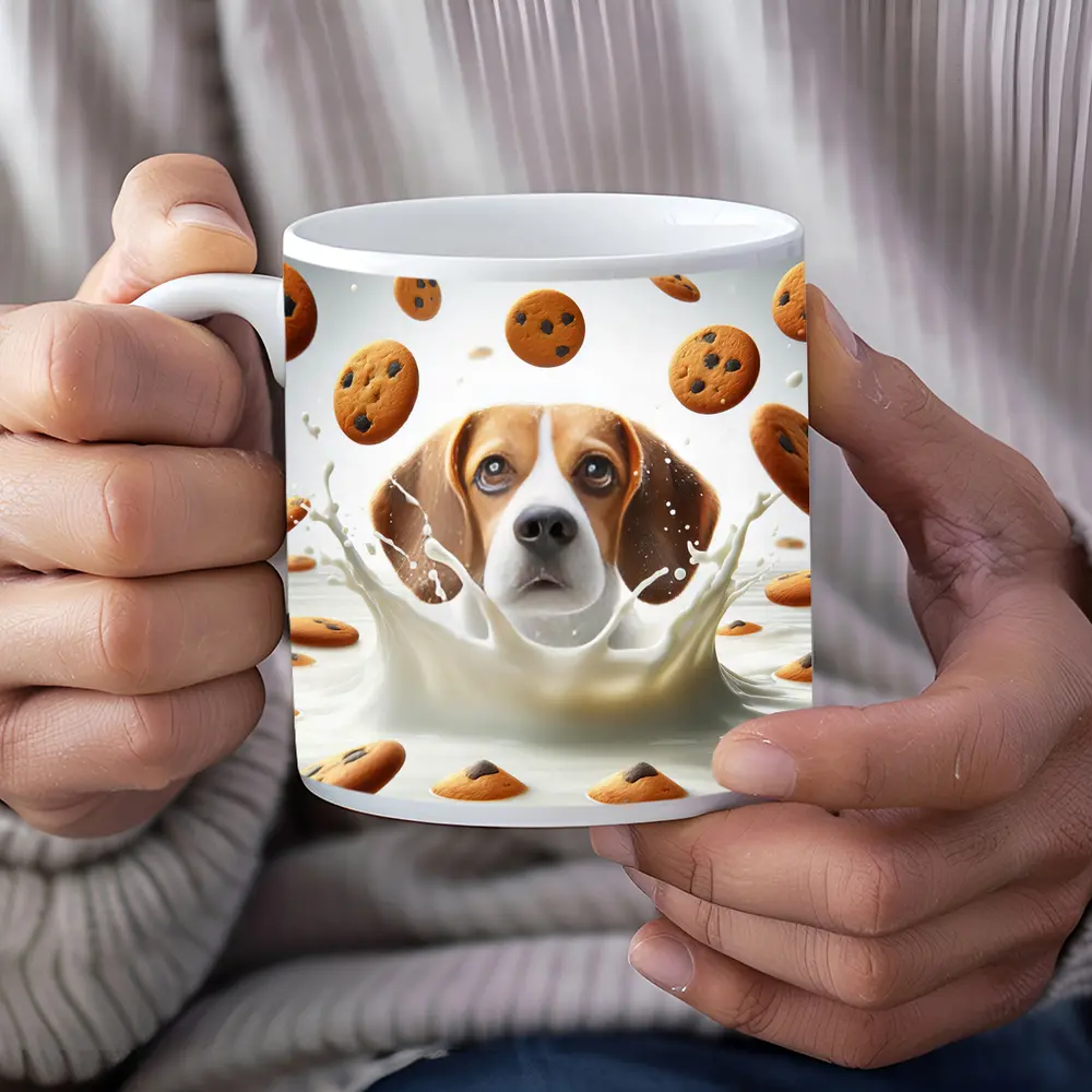 Beagle Dog Splashing in Milk with Cookies – Mugs