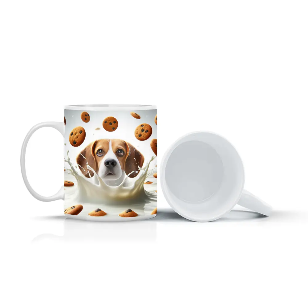 Beagle Dog Splashing in Milk with Cookies – Mugs