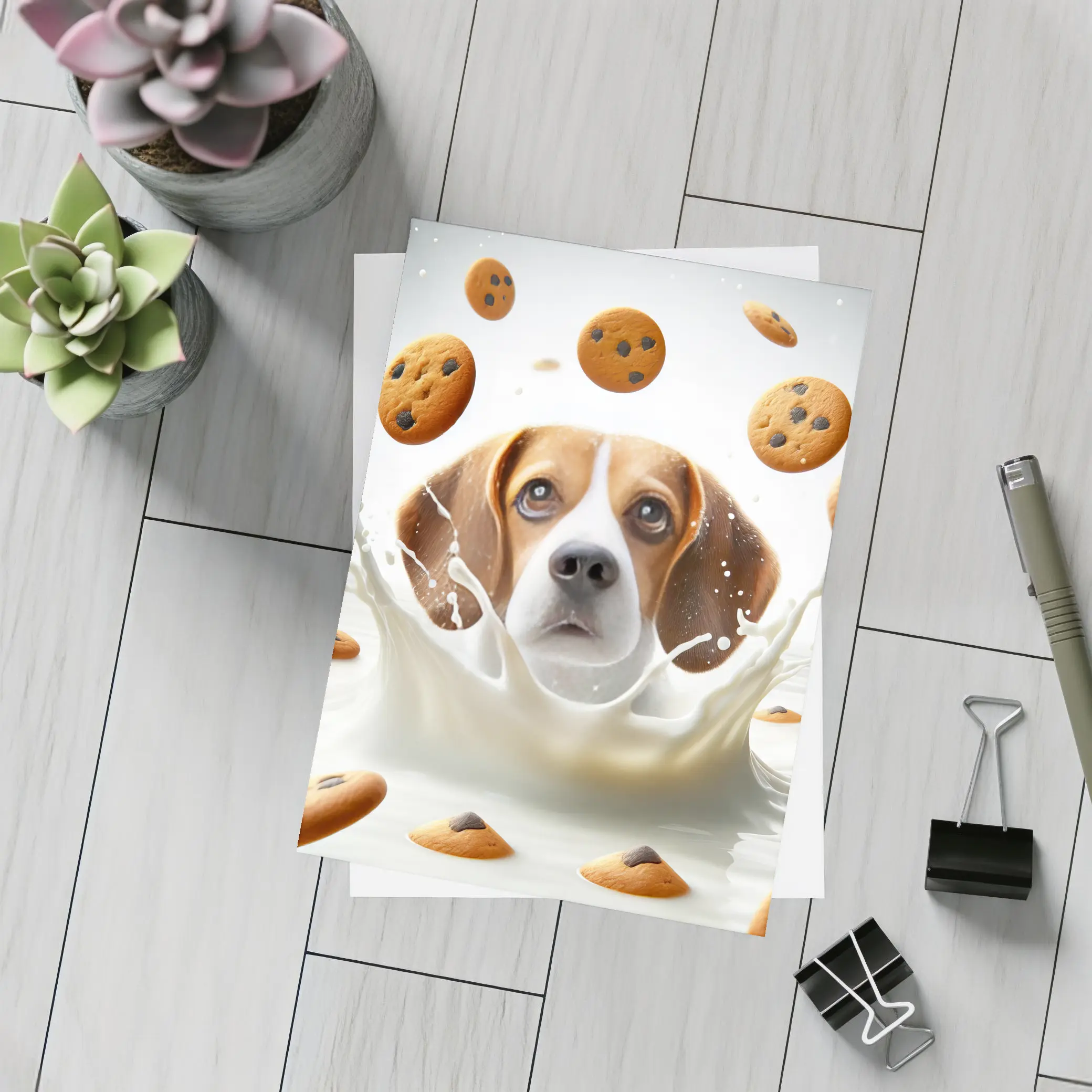 Beagle Dog Splashing in Milk with Cookies – Postcards
