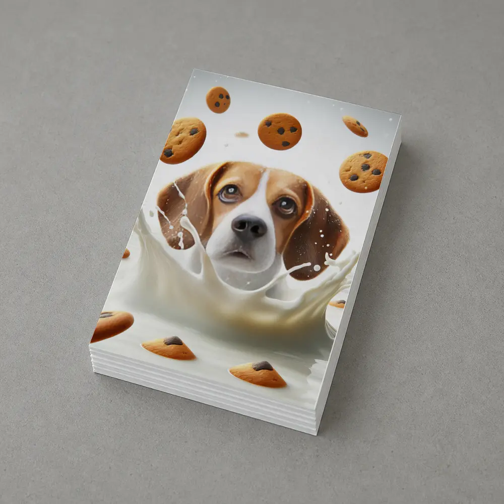 Beagle Dog Splashing in Milk with Cookies – Postcards