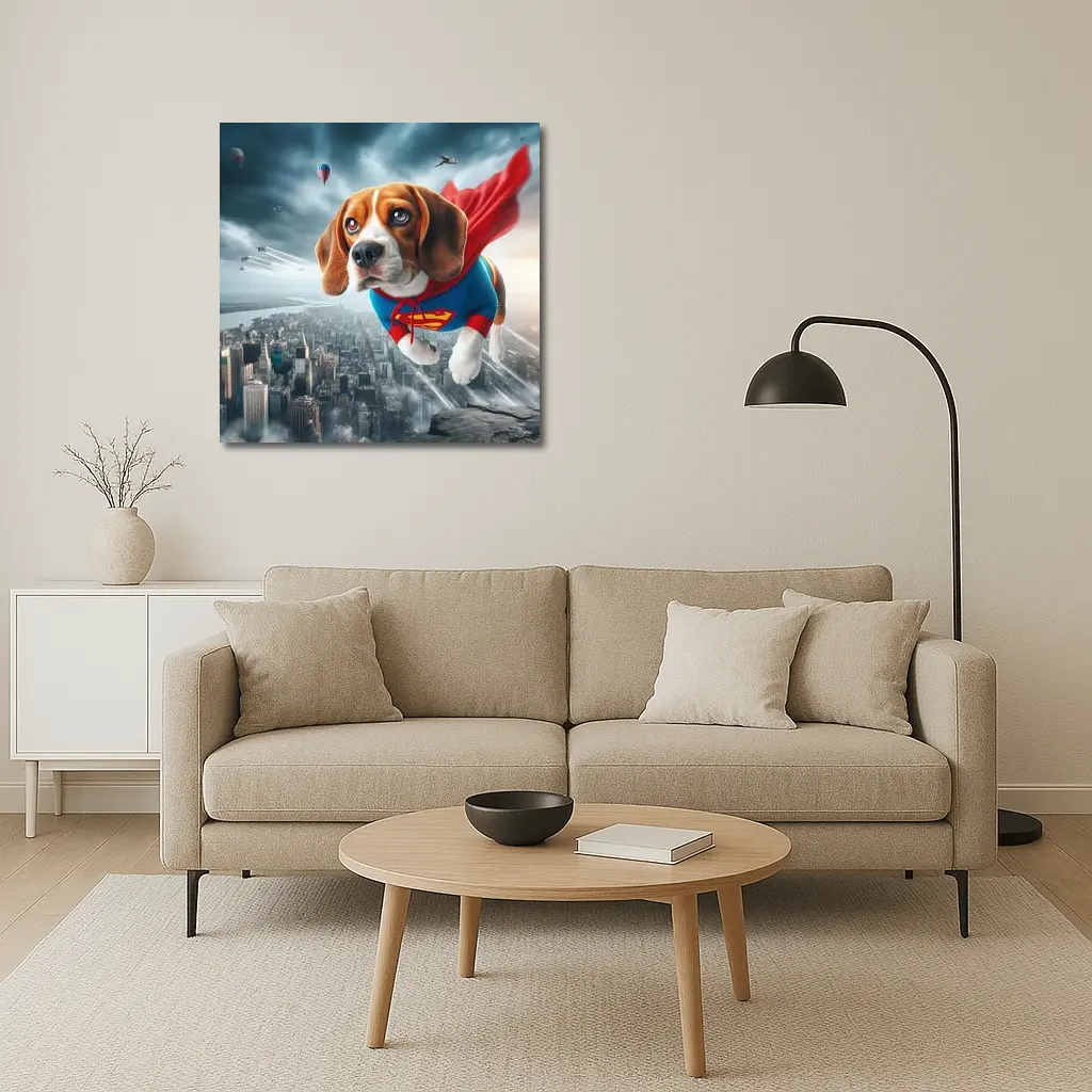 Beagle Superhero Flying Over City Skyline – Wall Art
