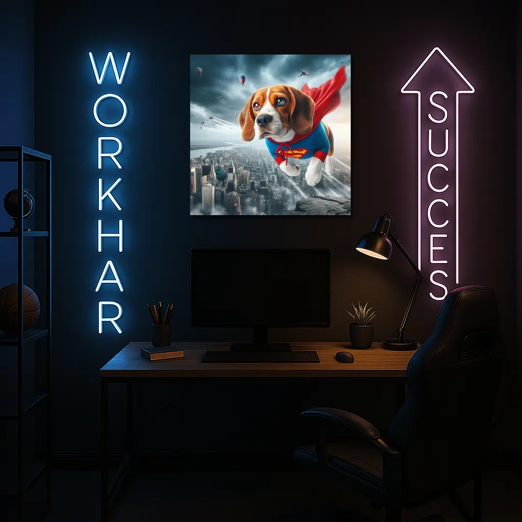 Beagle Superhero Flying Over City Skyline – Wall Art