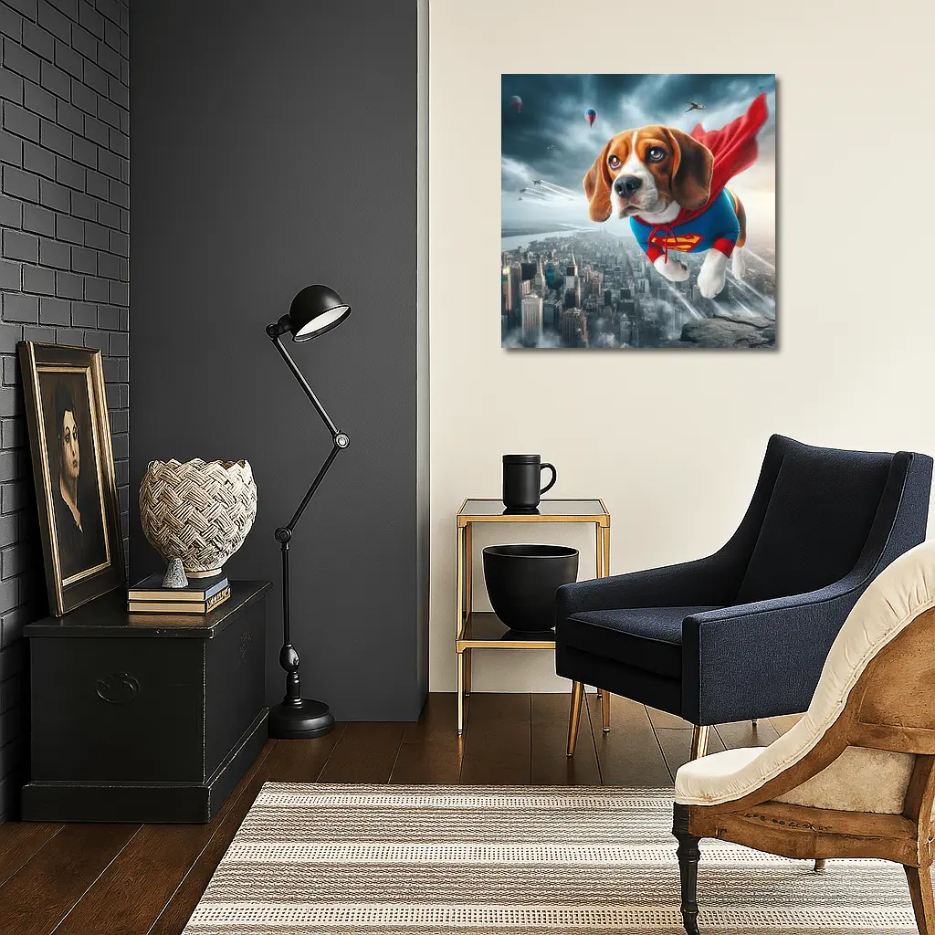 Beagle Superhero Flying Over City Skyline – Wall Art