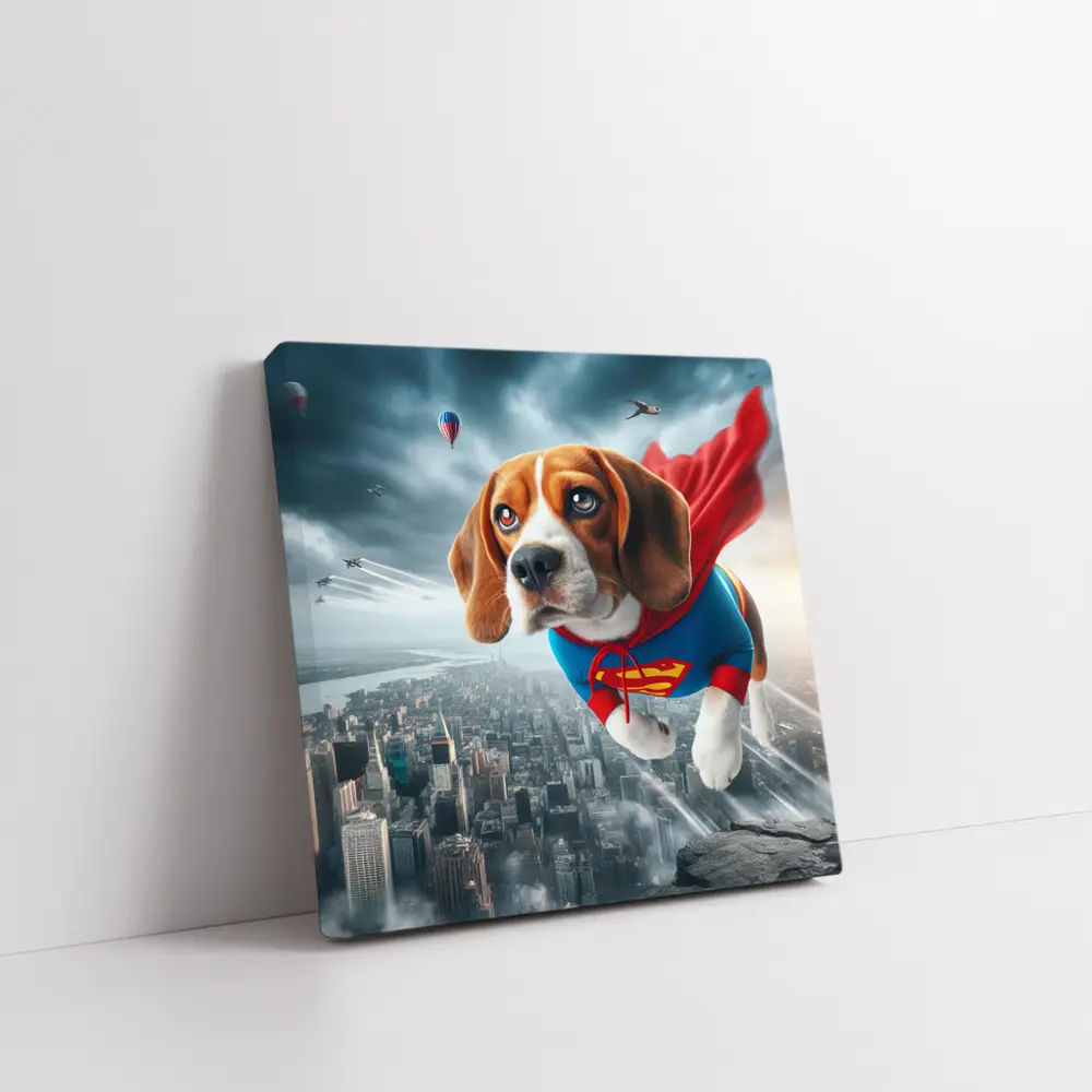 Beagle Superhero Flying Over City Skyline – Wall Art