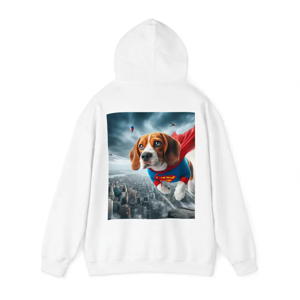 Beagle Superhero Flying Over City Skyline – Hoodies