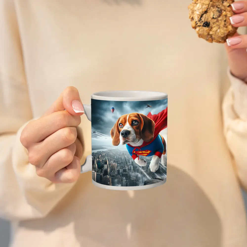 Beagle Superhero Flying Over City Skyline – Mugs