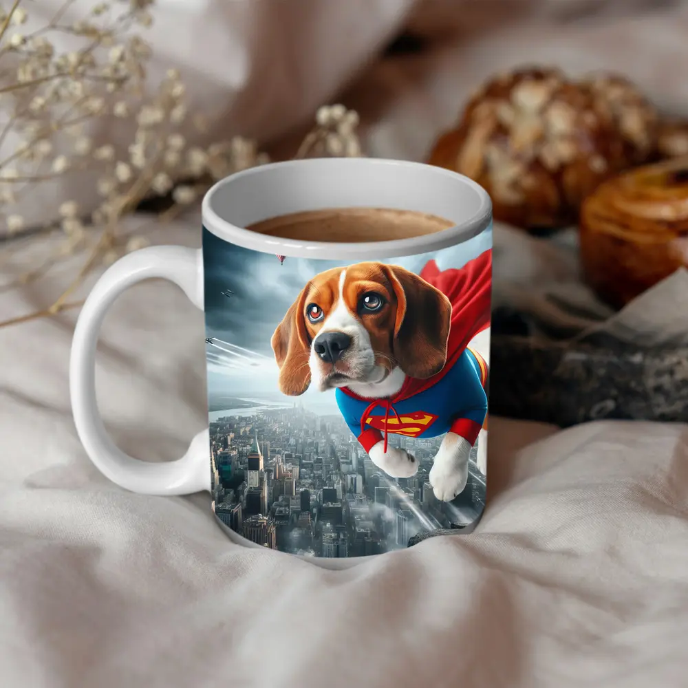 Beagle Superhero Flying Over City Skyline – Mugs