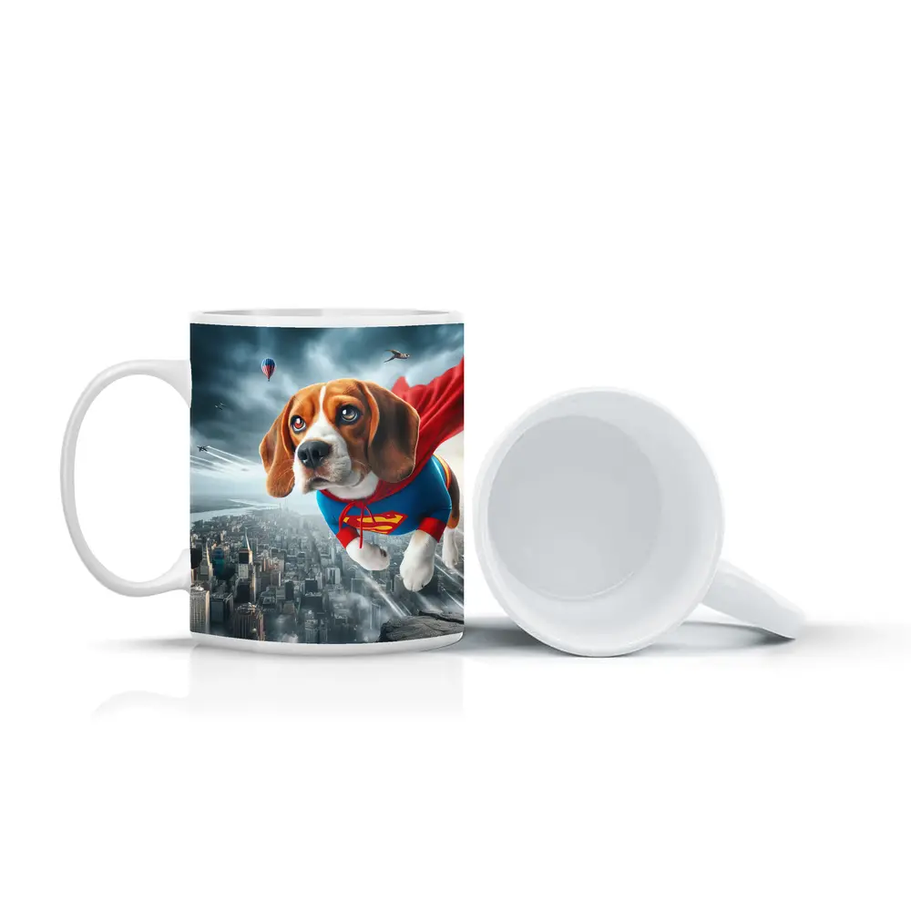Beagle Superhero Flying Over City Skyline – Mugs