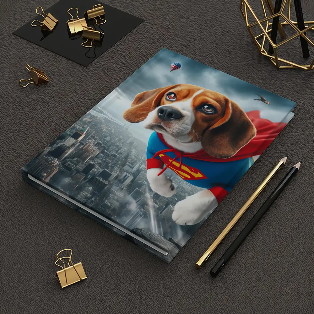 Beagle Superhero Flying Over City Skyline – Notebooks